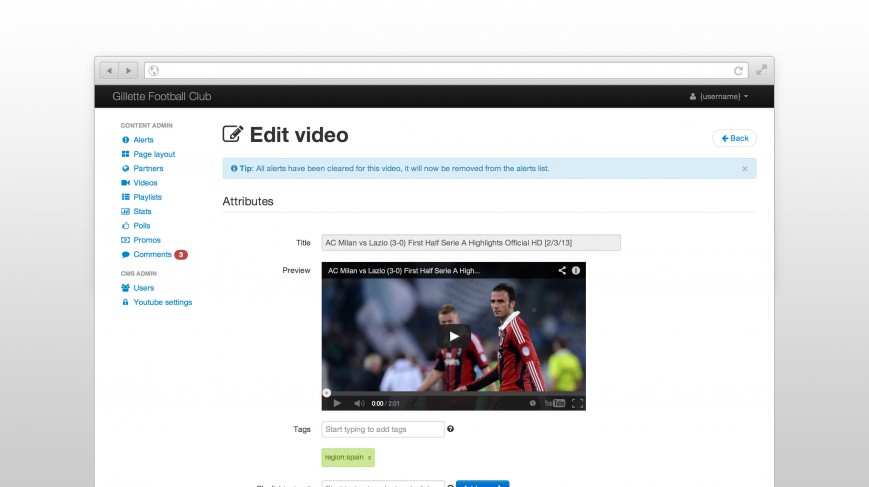 Edit video page from the CMS prototype
