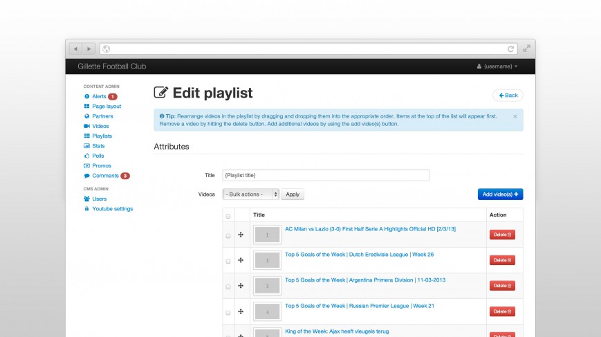 Edit playlist page from the CMS prototype