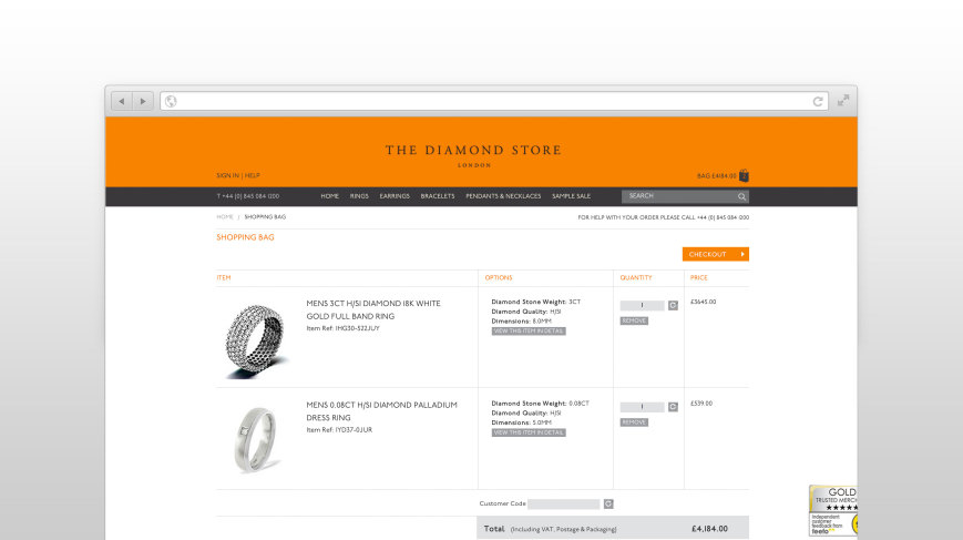Shopping basket page design for The Diamond Store
