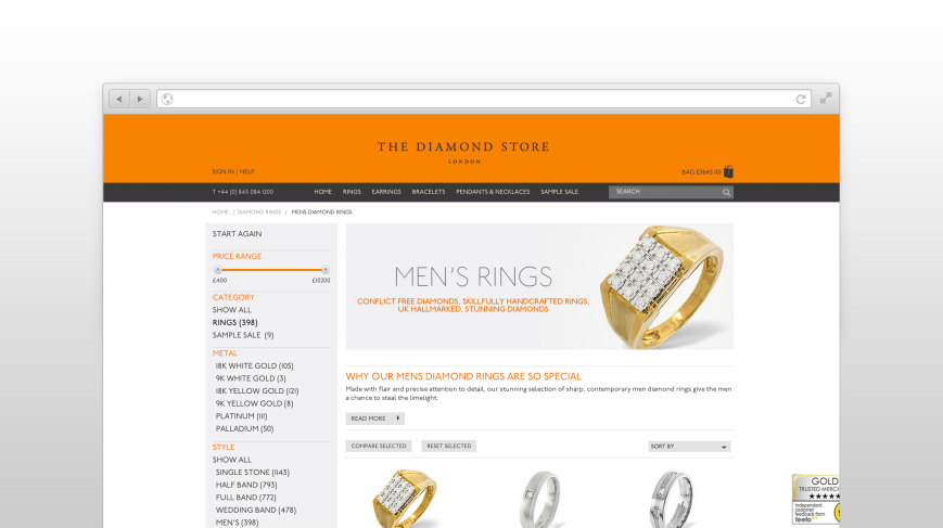 Product listing page design for The Diamond Store