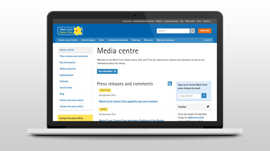 Marie Curie - Media Centre website - desktop view