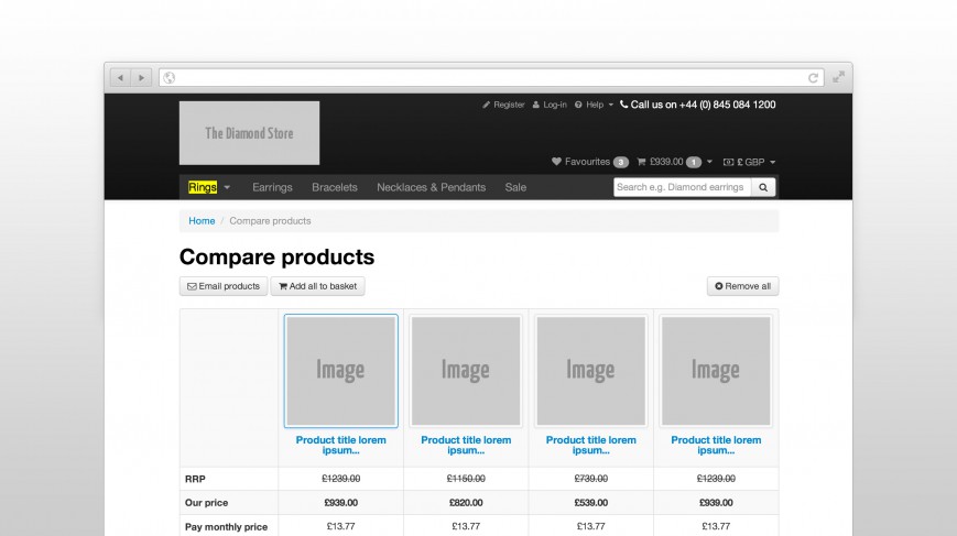 Compare products screen from the HTML prototype