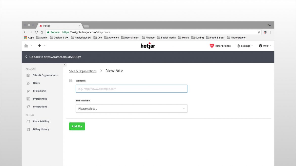 Adding a new site in the Hotjar web interface to enable tracking of user interactions