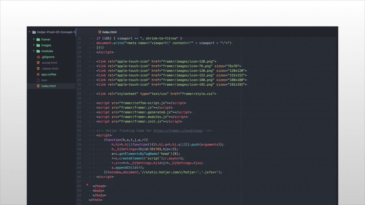 Atom Text Editor Interface showing Hotjar analytics code snippet on Mac OS