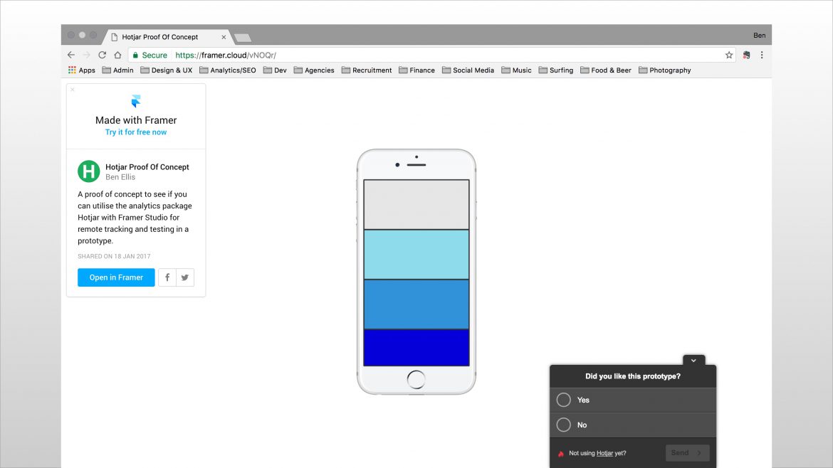 Framer Cloud interface showing the proof of concept prototype and a sample Hotjar poll to gain user feedback.