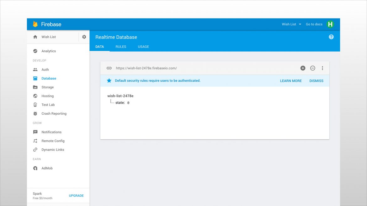 Firebase interface in Google Chrome showing the realtime database and it's data fields.