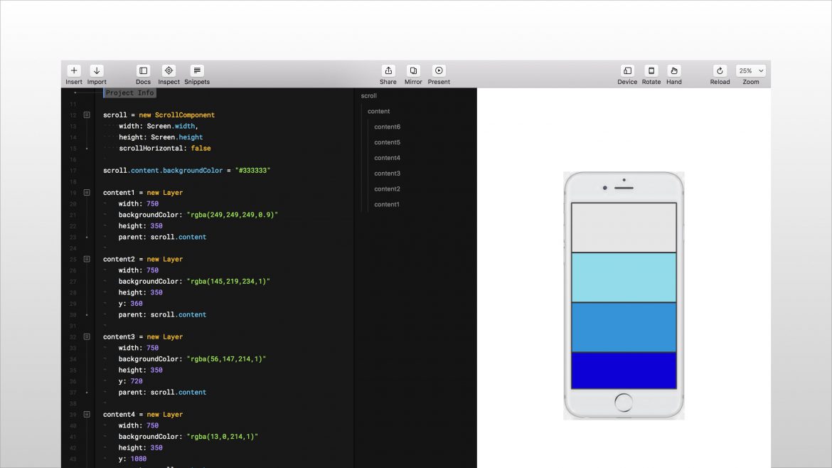 Framer Studio Interface showing the CoffeeScript code editor and device preview window.