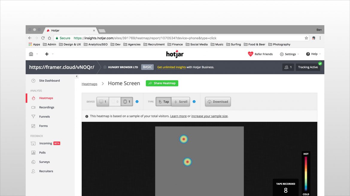 Hotjar web interface showing user interaction with the Framer Studio prototype through a device heatmap.