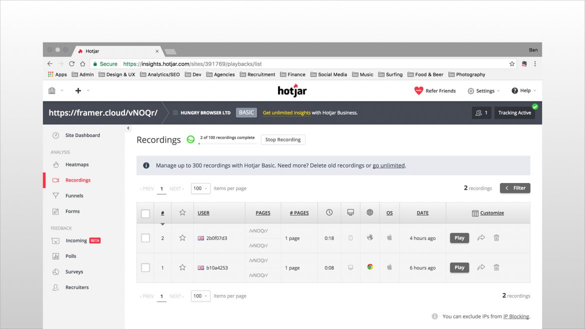 Hotjar Recordings Dashboard With List of User Sessions