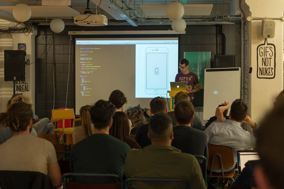 Presenting my Framer Firebase prototypes at a recent Framer London Meetup at UsTwo, London