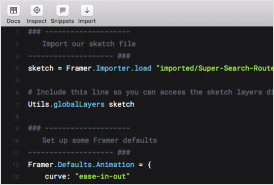 Framer Studio showing CoffeeScript code