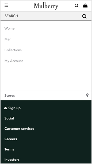 Mobile navigation showing search form and menu options