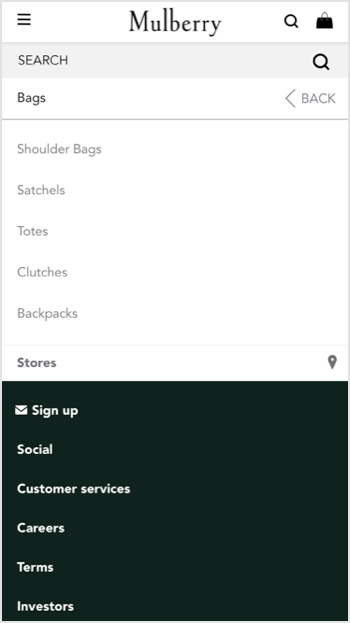 Tertiary-level navigation showing sub-categories within bags.