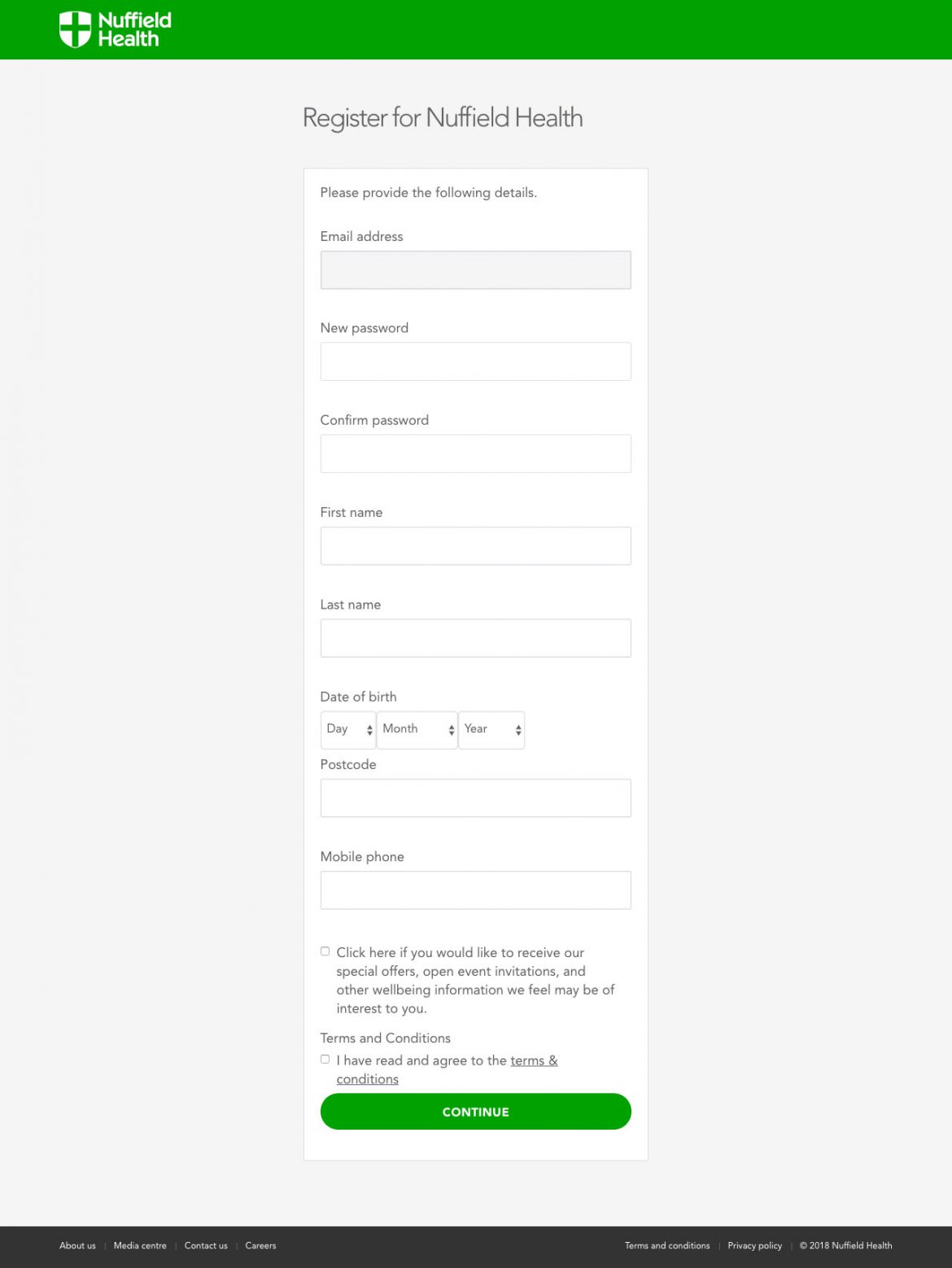 Nuffield Health Account Registration Screen