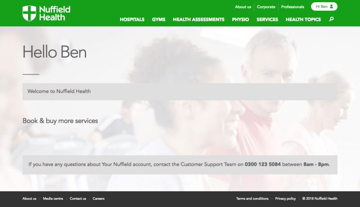 Screen shot of the Nuffield Health website showing the Account Screen without ability to book classes.