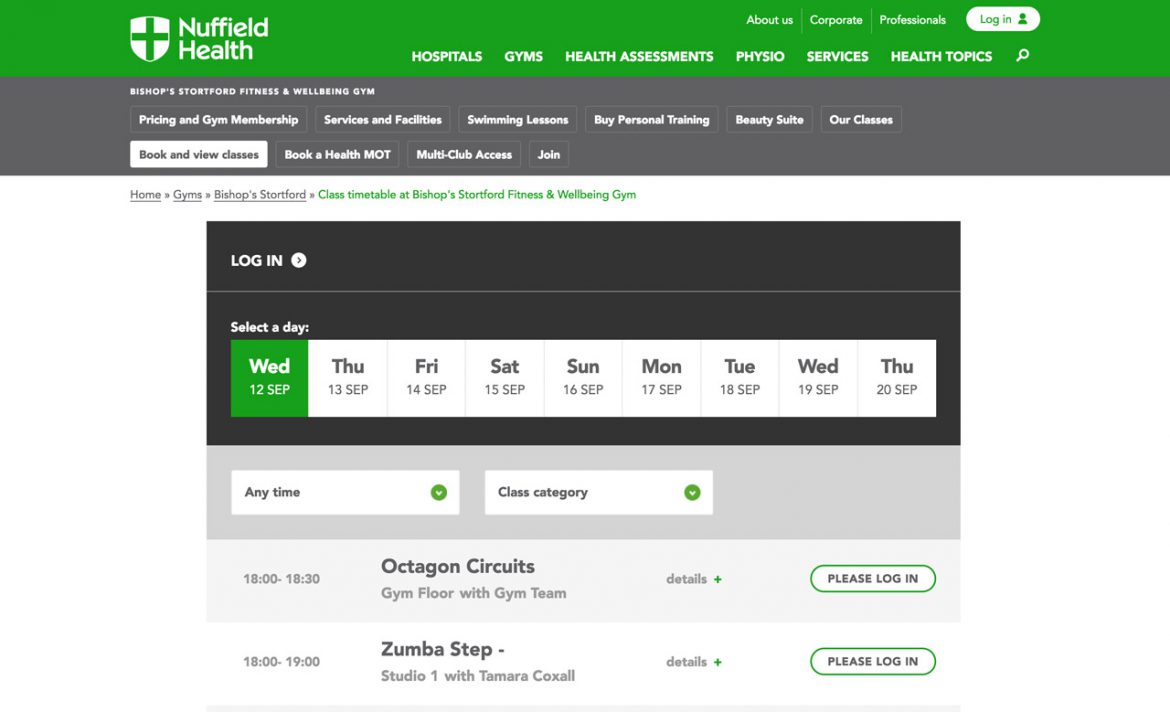 Gym class booking experience screen from Nuffield Health's website.
