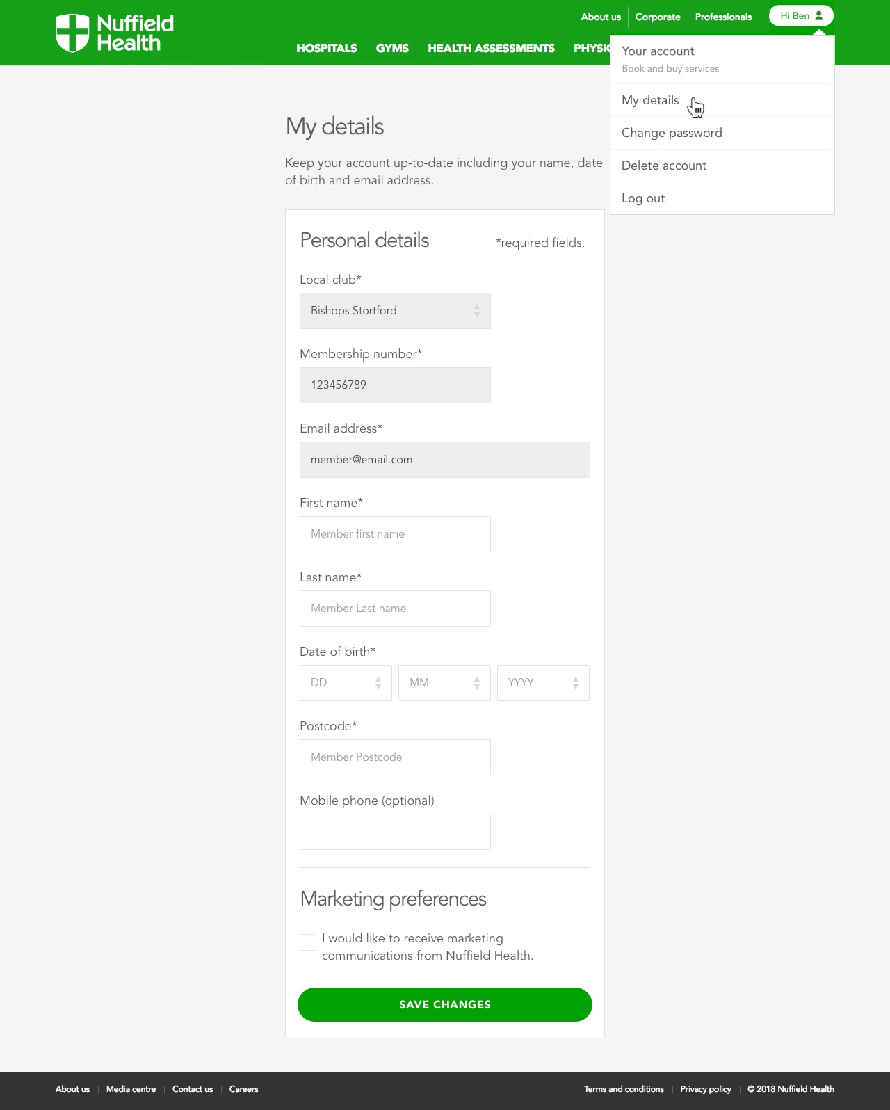 Digital mock-up of Nuffield Health my details screen showing the fields that a user might be able to edit.