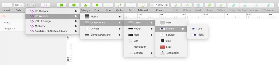 Sketch application interface with expanded symbol menu displayed