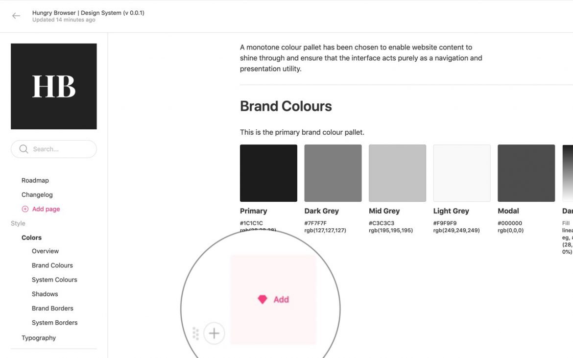 Zero Height web interface with brand colours section selected and add button called out