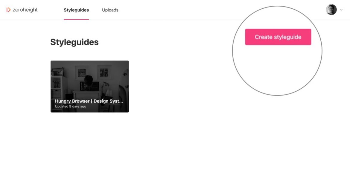 Zero Height web interface with existing style guides and a primary button to create a new style guide