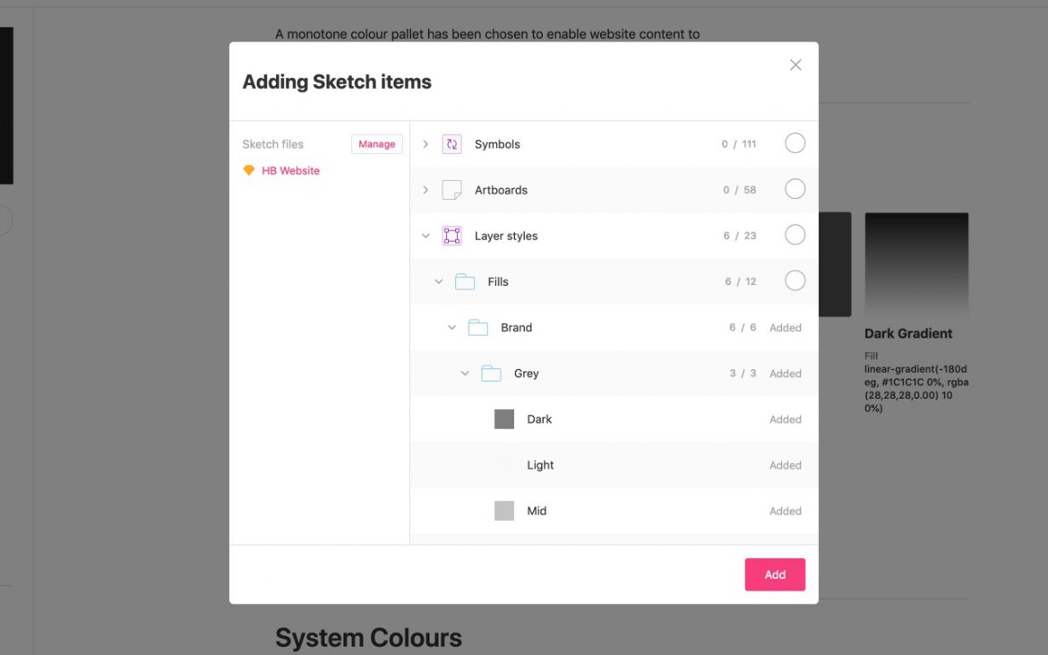 Modal window with selectable items from Sketch library