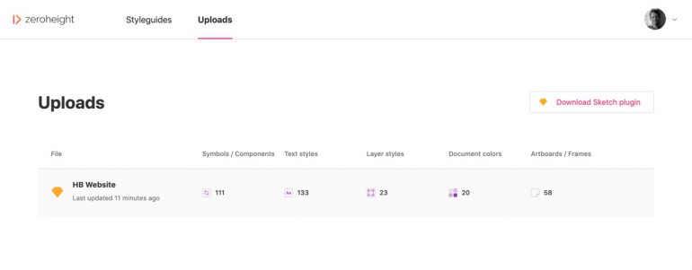 A list of uploaded Sketch assets within the Zero Height website