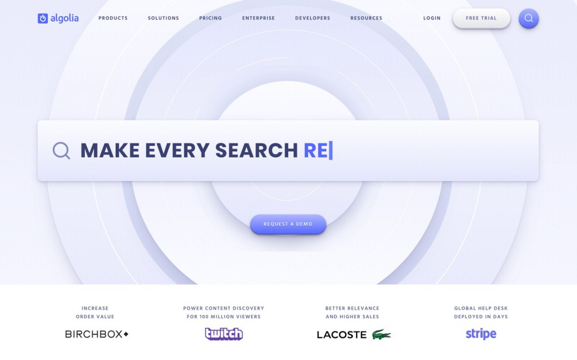 Screen shot of the Algolia website showing homepage