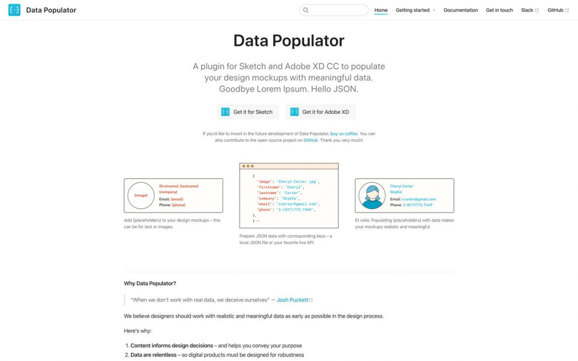 Screenshot of the data populator plugin website.