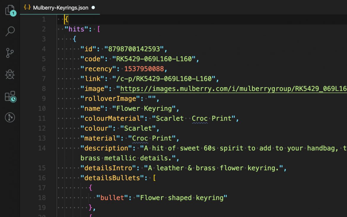 Screen shot showing JSON data structure