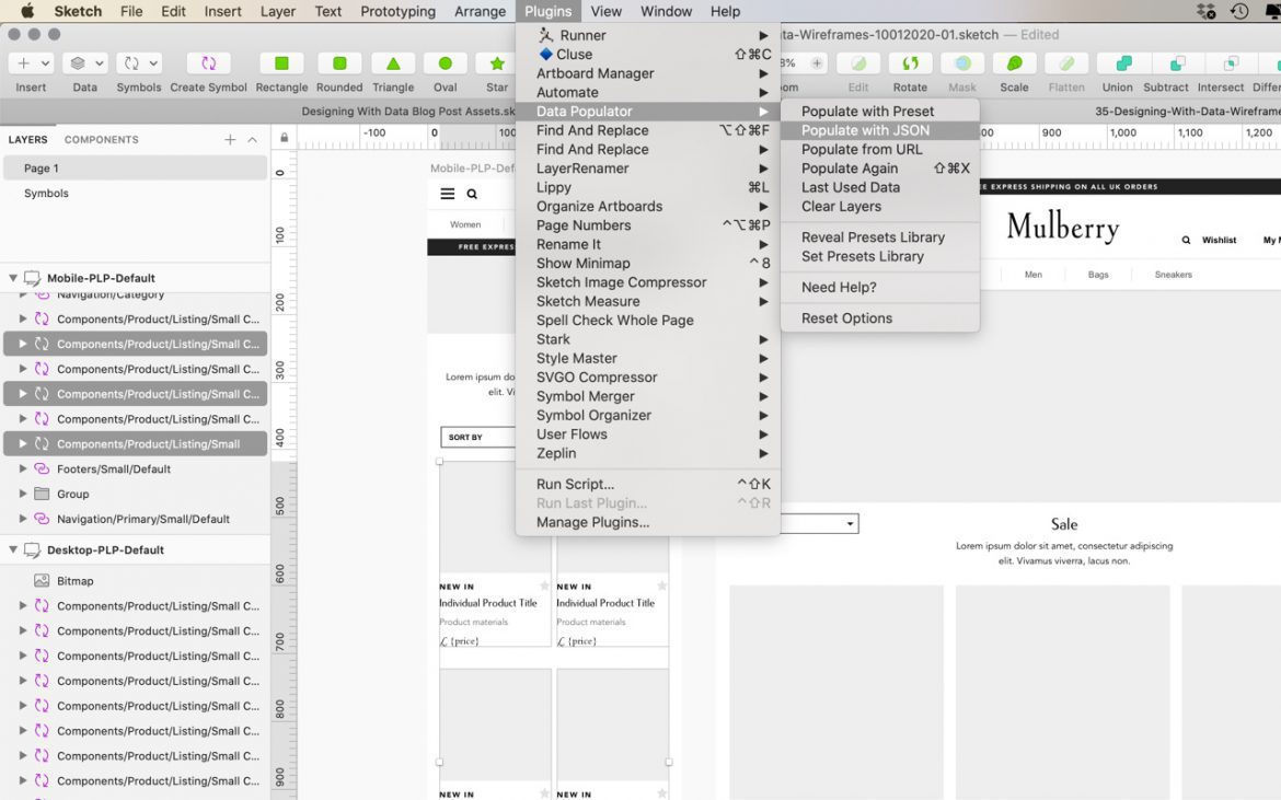 Screen shot of the Sketch App plugin menu with Data Populator selected.