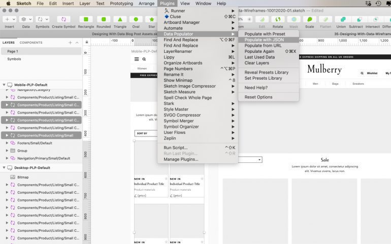 Screen shot of the Sketch App plugin menu with Data Populator selected.