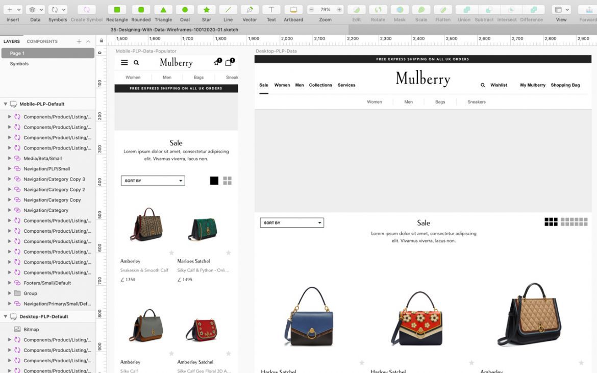 Screen shot of Sketch artboards with symbols populated with real product data
