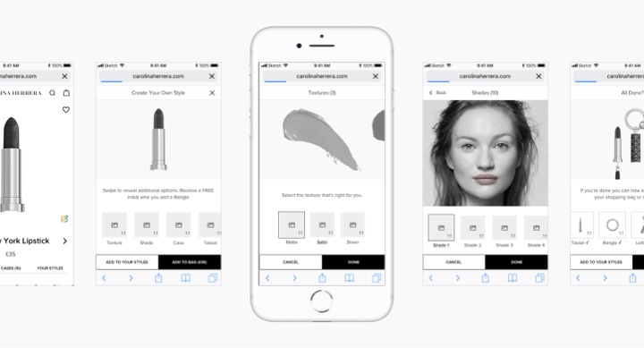 Several wireframes showing the makeup configurator