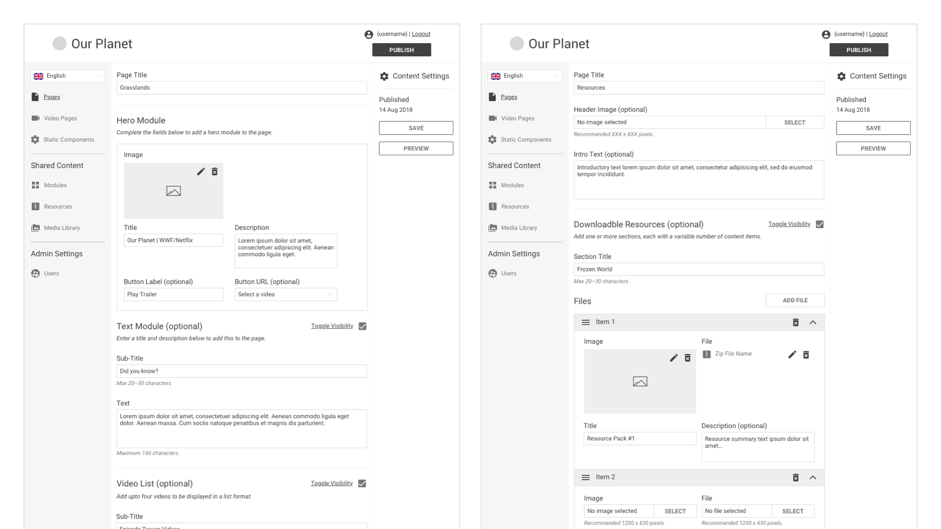 Wireframes for Our Planet Content Management System (CMS)