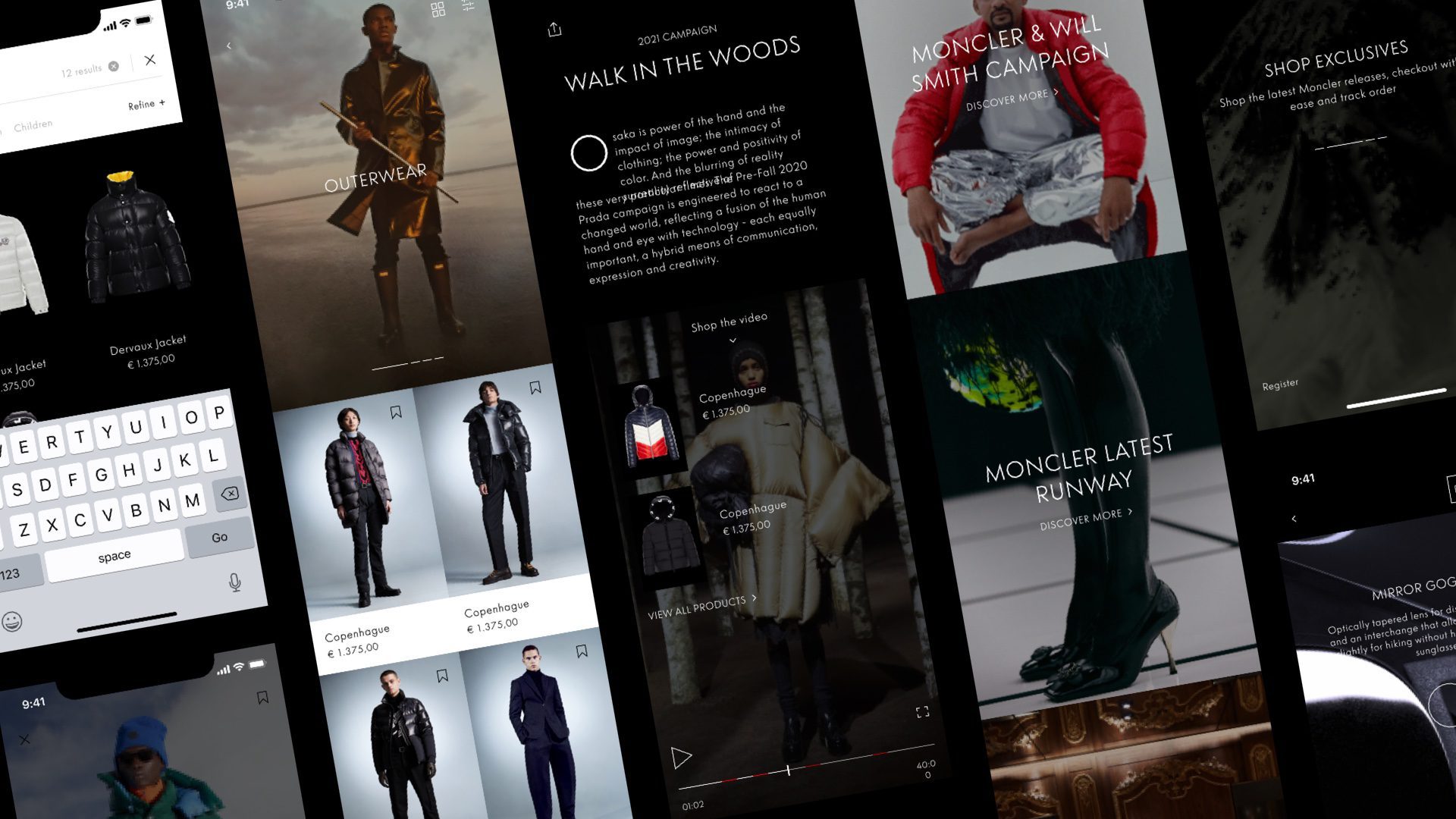 Assortment of UI designs for the Moncler mobile app