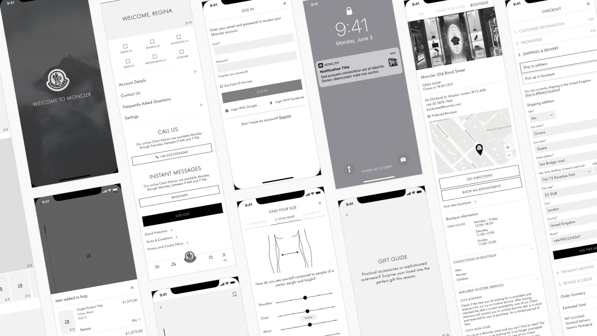 An assortment of wireframes from the Moncler mobile app