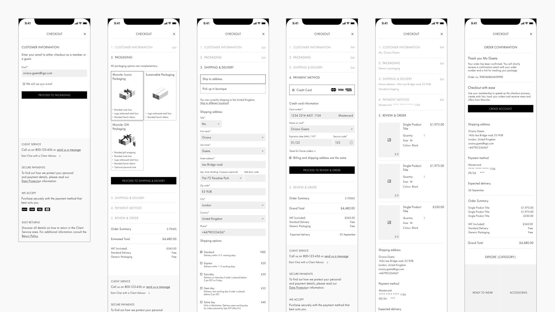 A series of wireframes showing the information structure and user interactions on the checkout pages