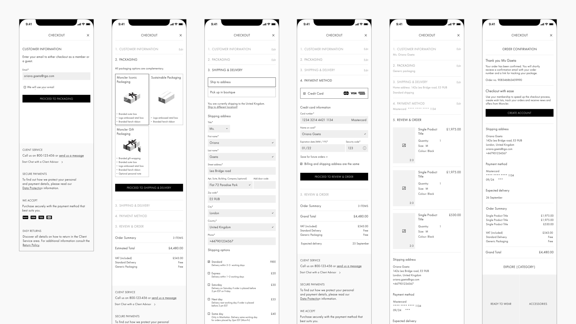 A series of wireframes showing the information structure and user interactions on the checkout pages