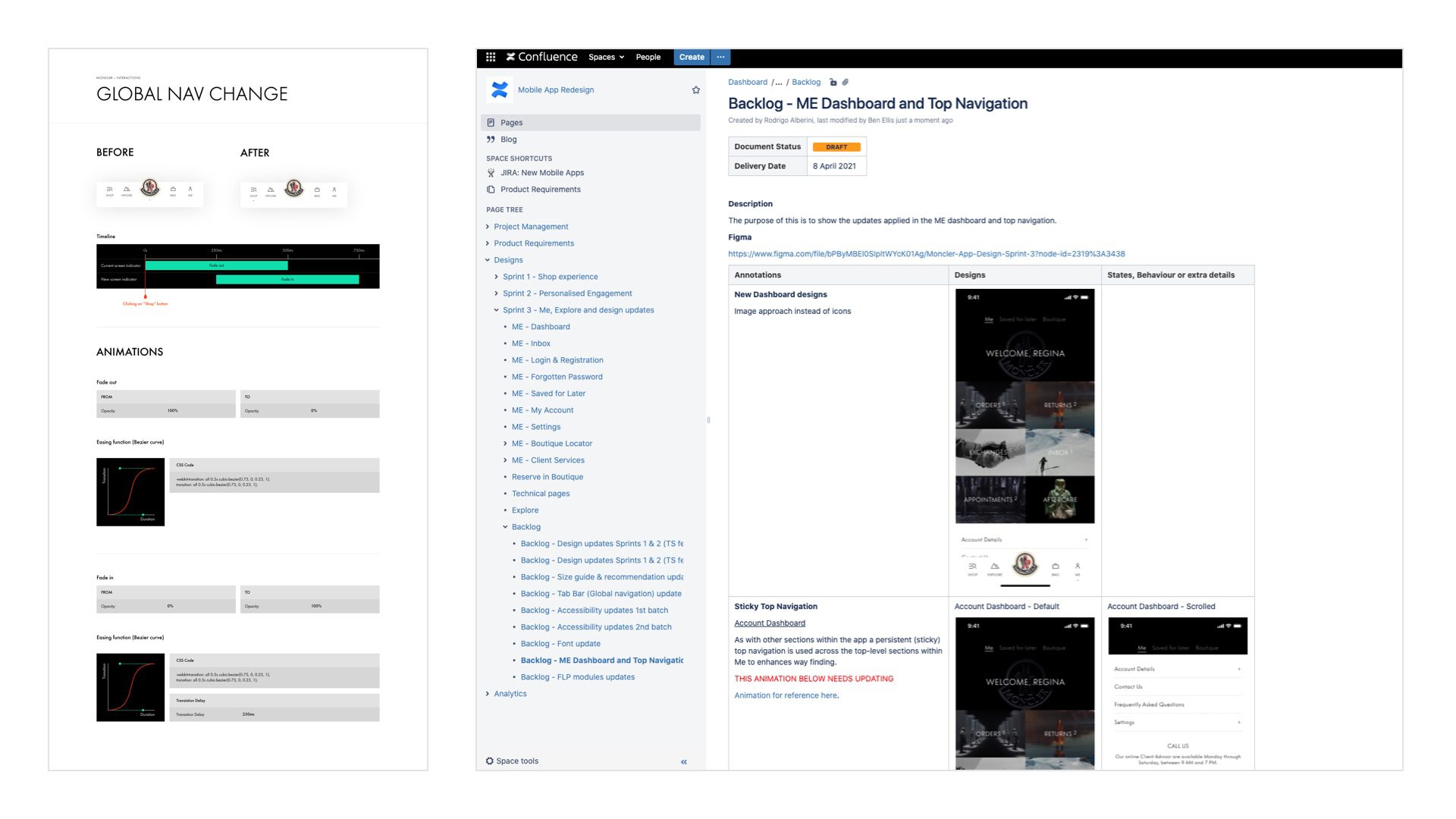 Screen shots showing the motion design principles and confluence documentation for the Moncler app