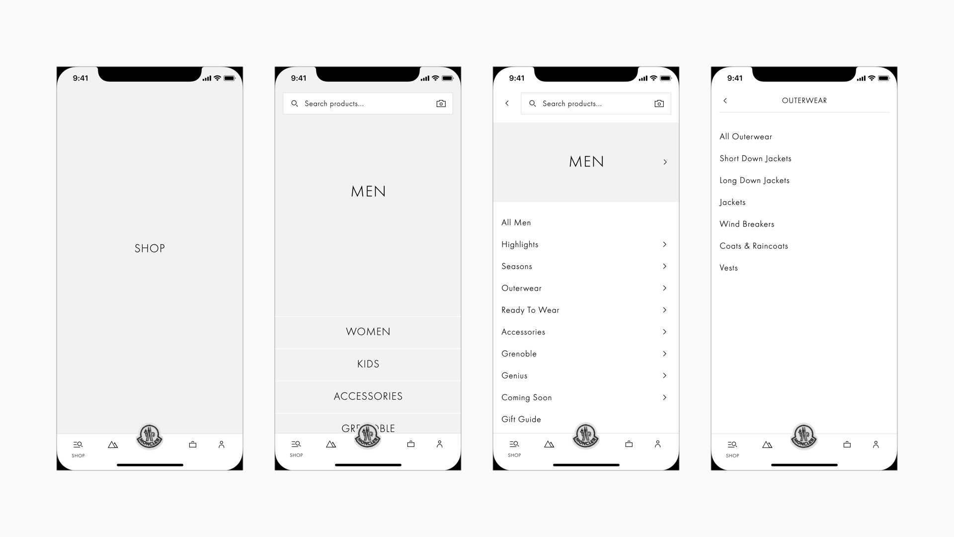 A series of wireframes showing the information structure and user interactions on the shop navigation