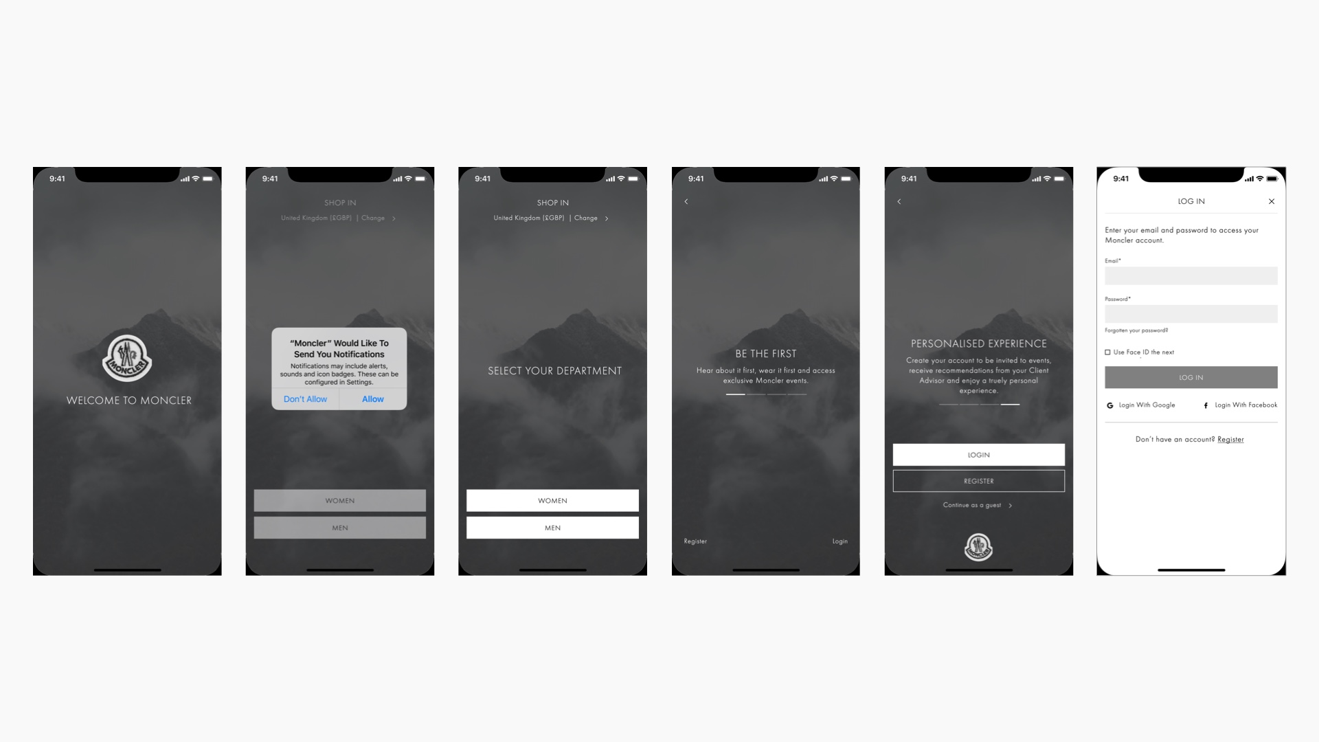 A series of wireframes showing the information structure and user interactions on the onboarding page