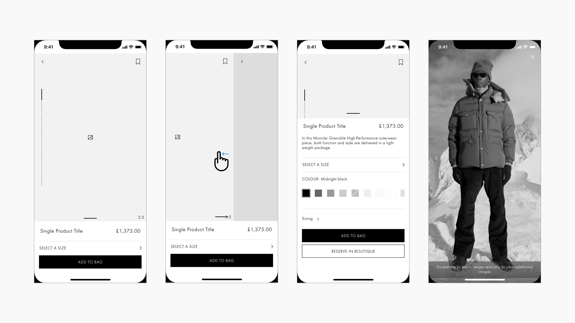 A series of wireframes showing the information structure and user interactions on the product details page