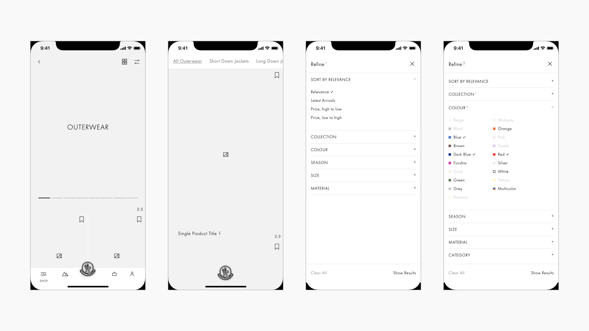 A series of wireframes showing the information structure and user interactions on the product listing page