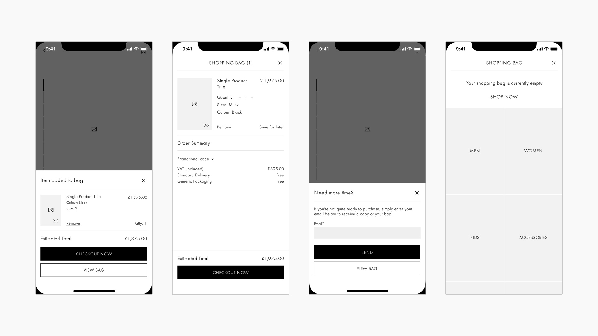 A series of wireframes showing the information structure and user interactions on the shopping bag page