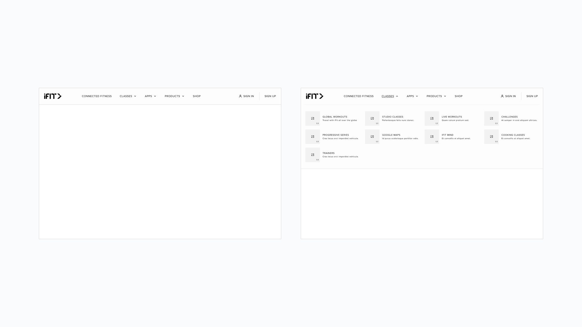 A selection of wireframes showing desktop website interface