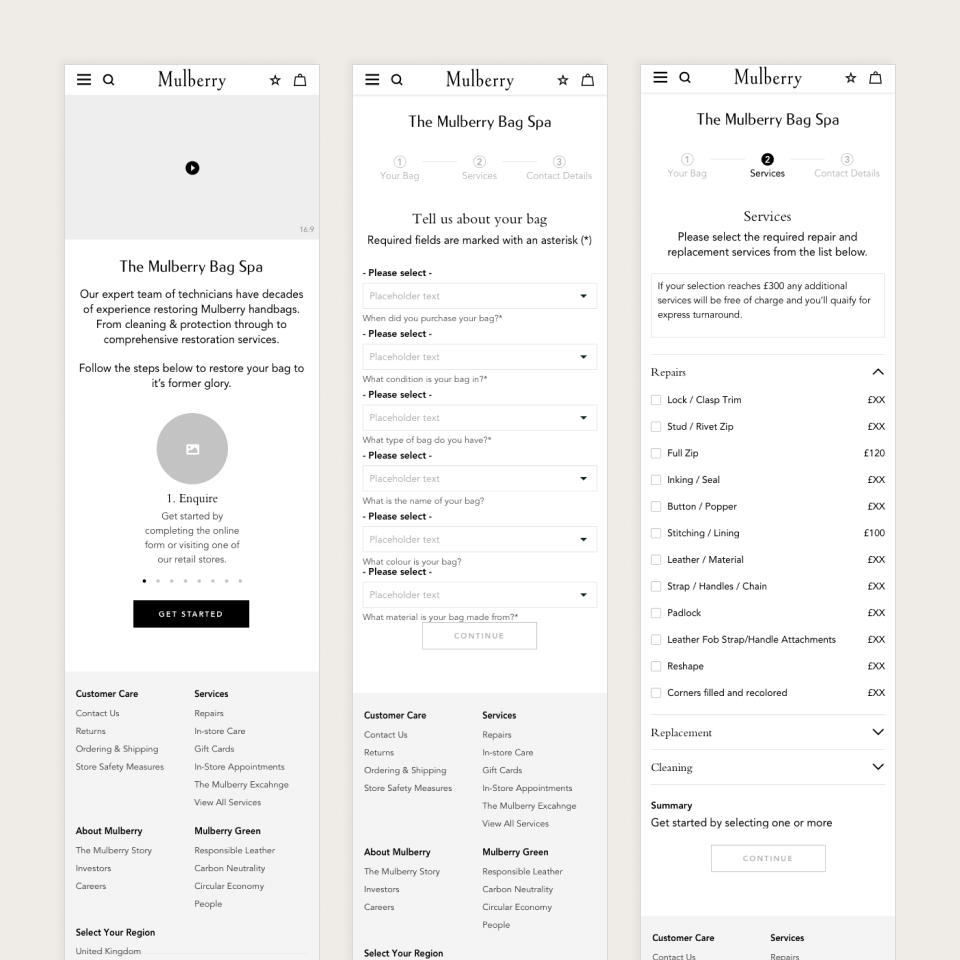 Mobile wireframes for Mulberry's Bag Spa service