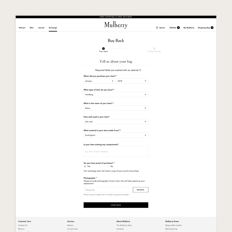 Desktop wireframe for Mulberry's Buy Back service