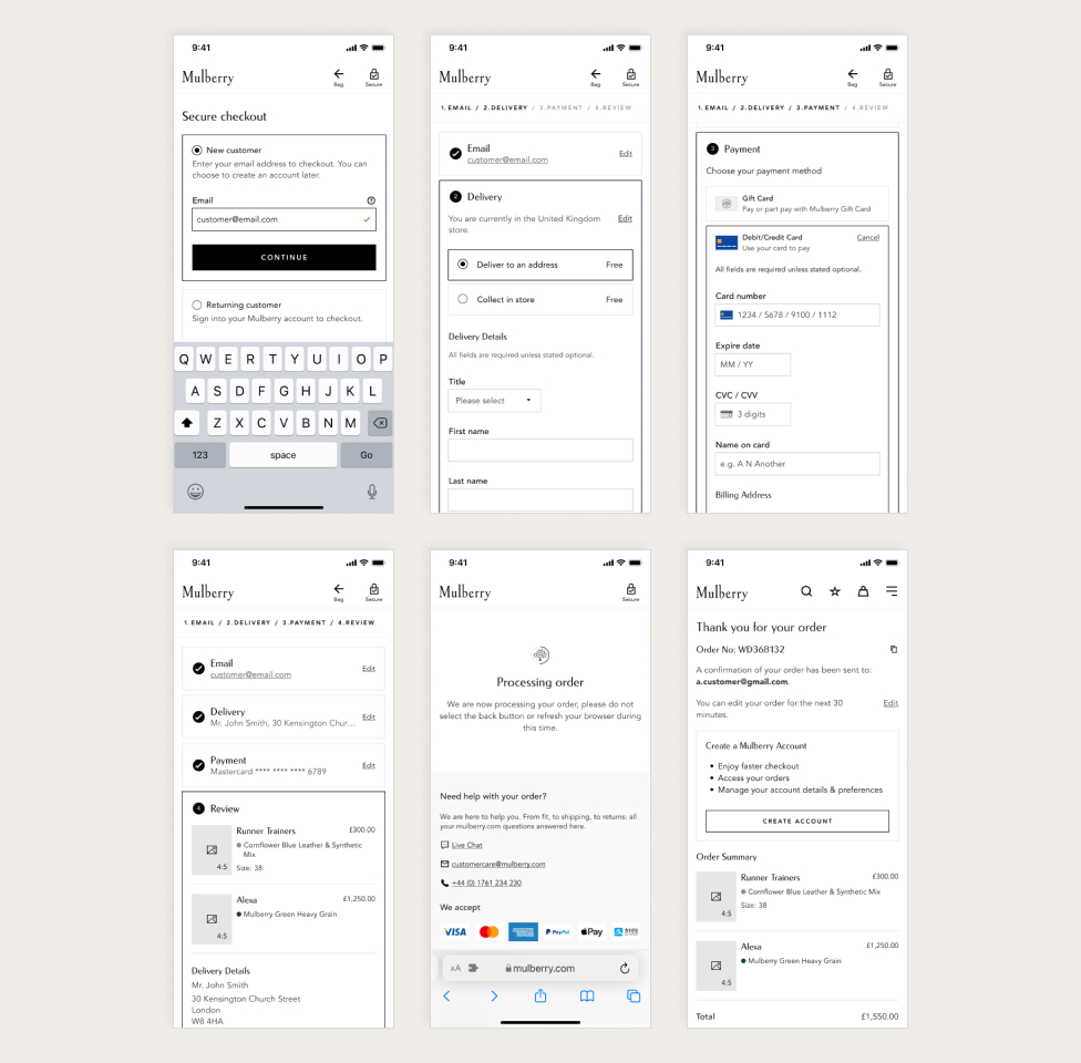 A series of wireframes showing the Mulberry website checkout on mobile devices