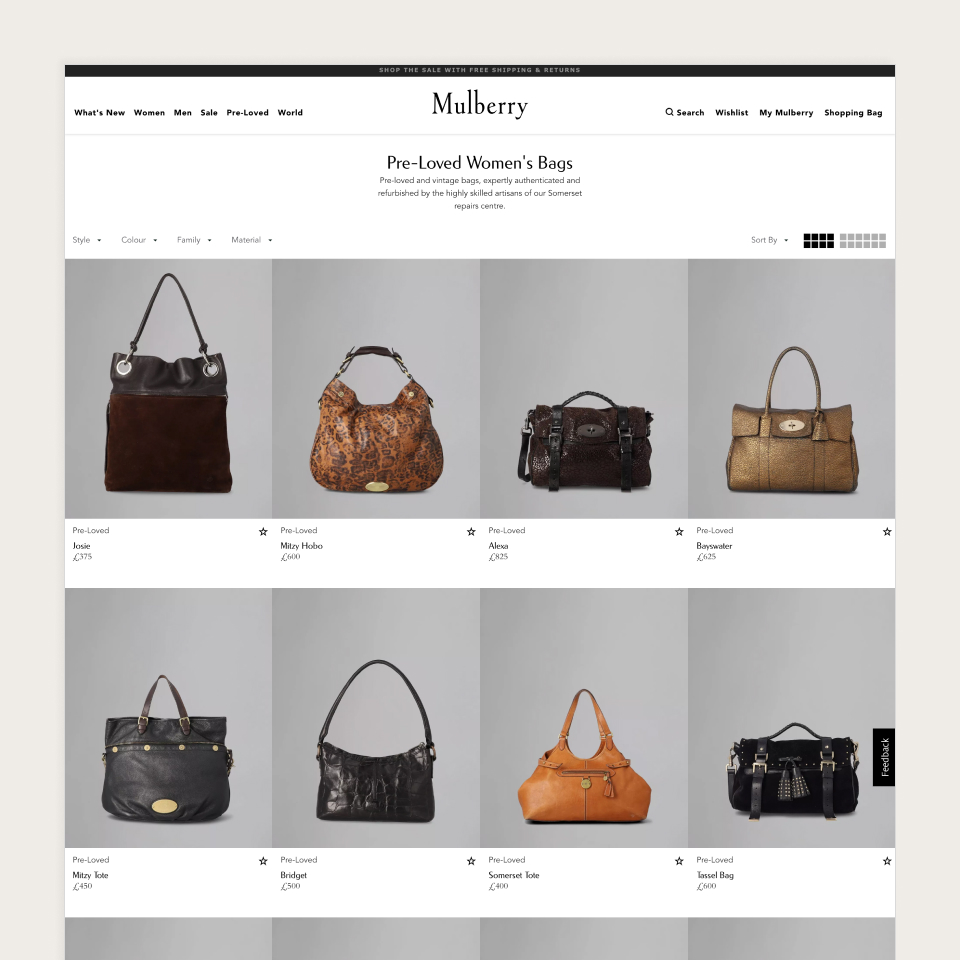 Screenshot of the Preloved product listing page on mulberry.com