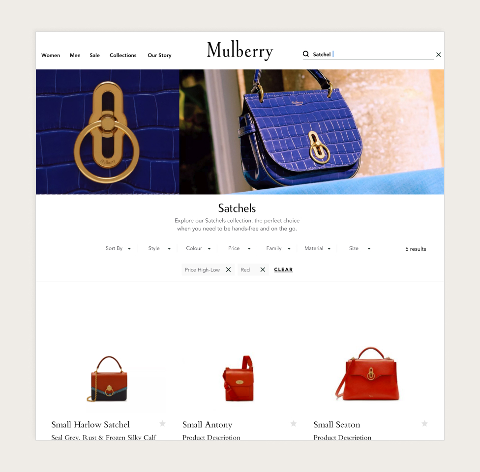 Product search functionality for the Mulberry desktop website